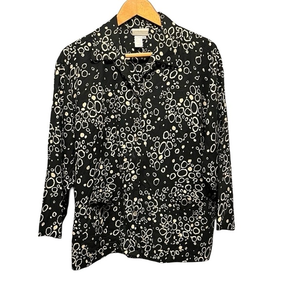 Vintage 90s 100% silk button down blouse black tan abstract PXL - Picture 2 of 9